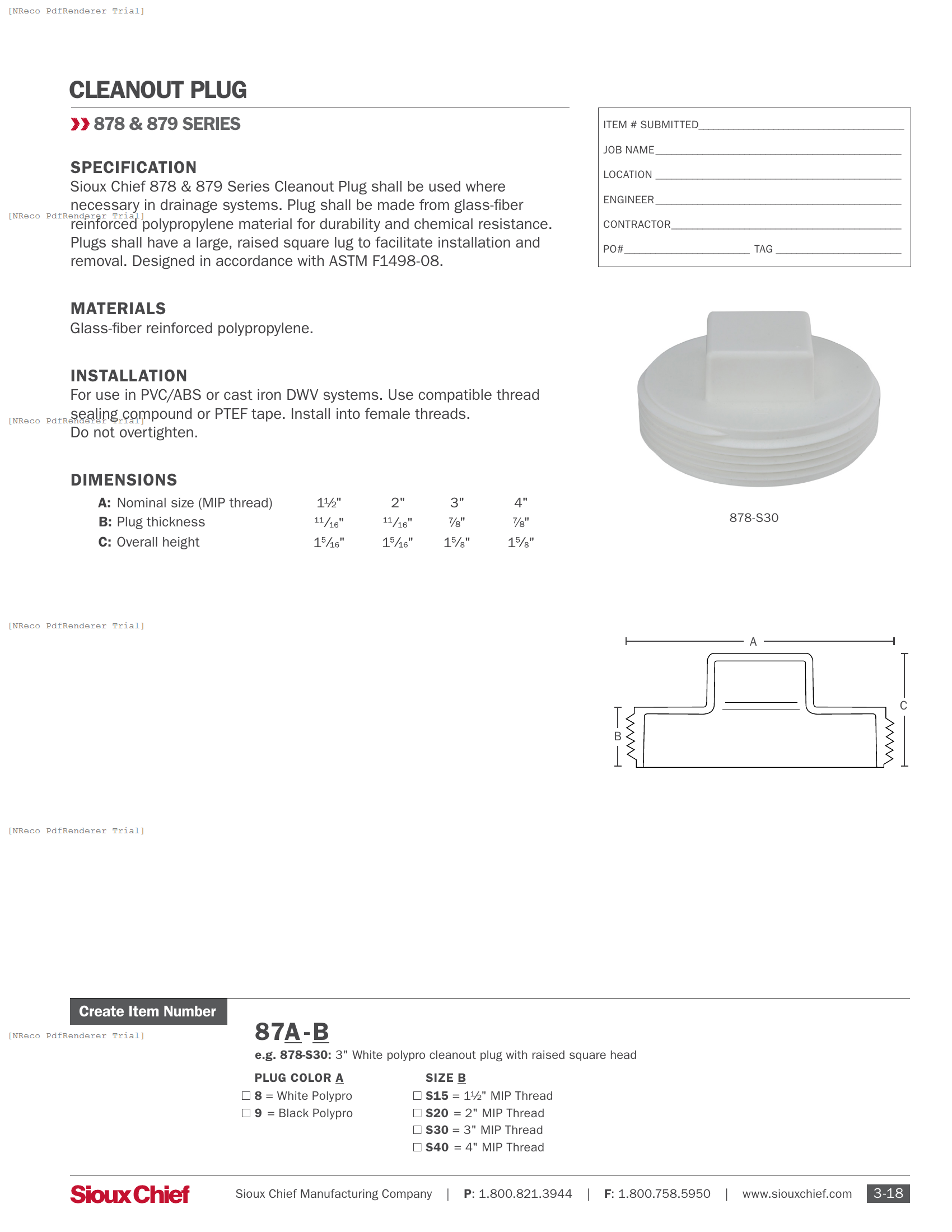 878-879 SERIES - SQUARE HEAD CLEANOUT PLUG - SPEC SHEET.PDF Specification Document